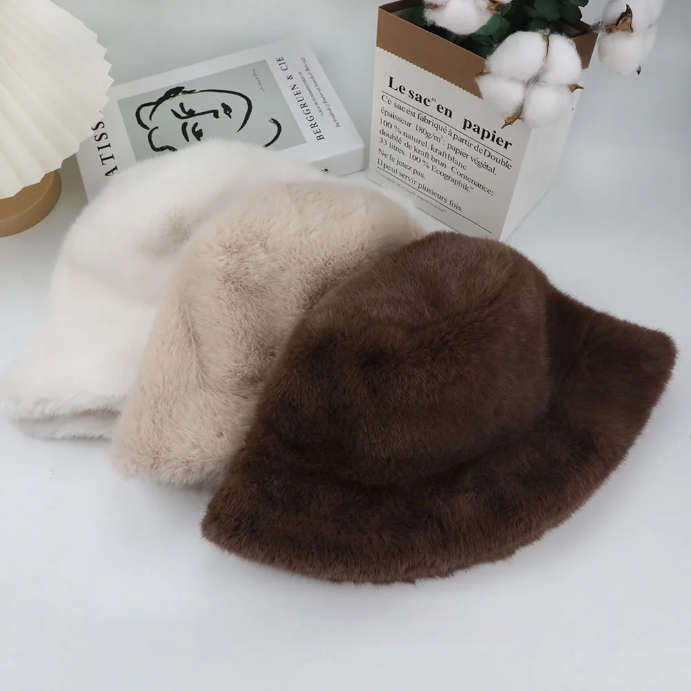Fluffy Fur Fisherman Hat For Women Winter Plush Ear Protection Cap Windproof Warm Female Panama Caps Solid Fashion Bucket Hat - Image 4